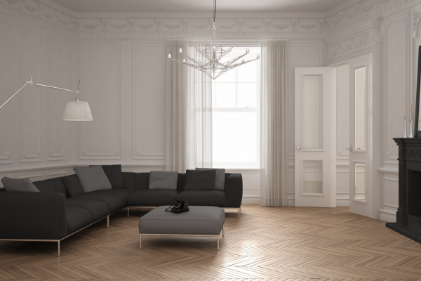 Modern luxury living room interior design with elegant white paneling and contemporary furniture