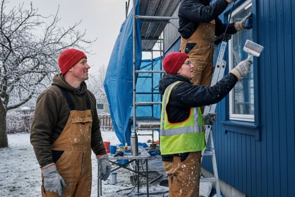 crew painting a wall during winter