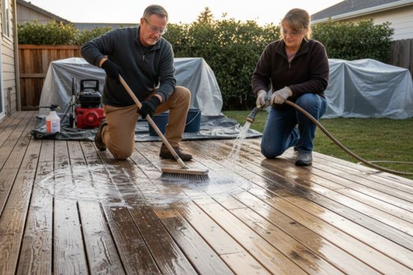 cleaning the wood surface of the deck before painting