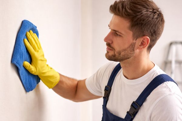 man cleaning the wall before painting